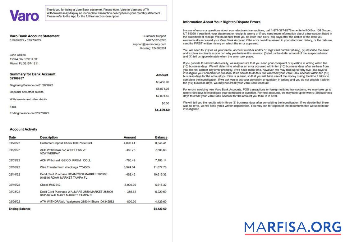 Downloadable USA Varo bank statement word 2 pages, version 2 example